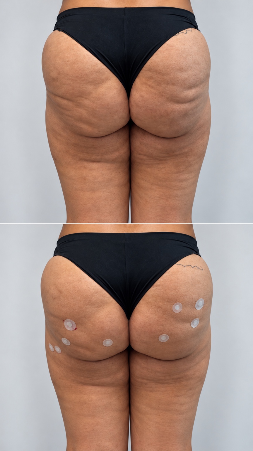 Caso real de celulite em vista posterior, com curativos no registro inferior
