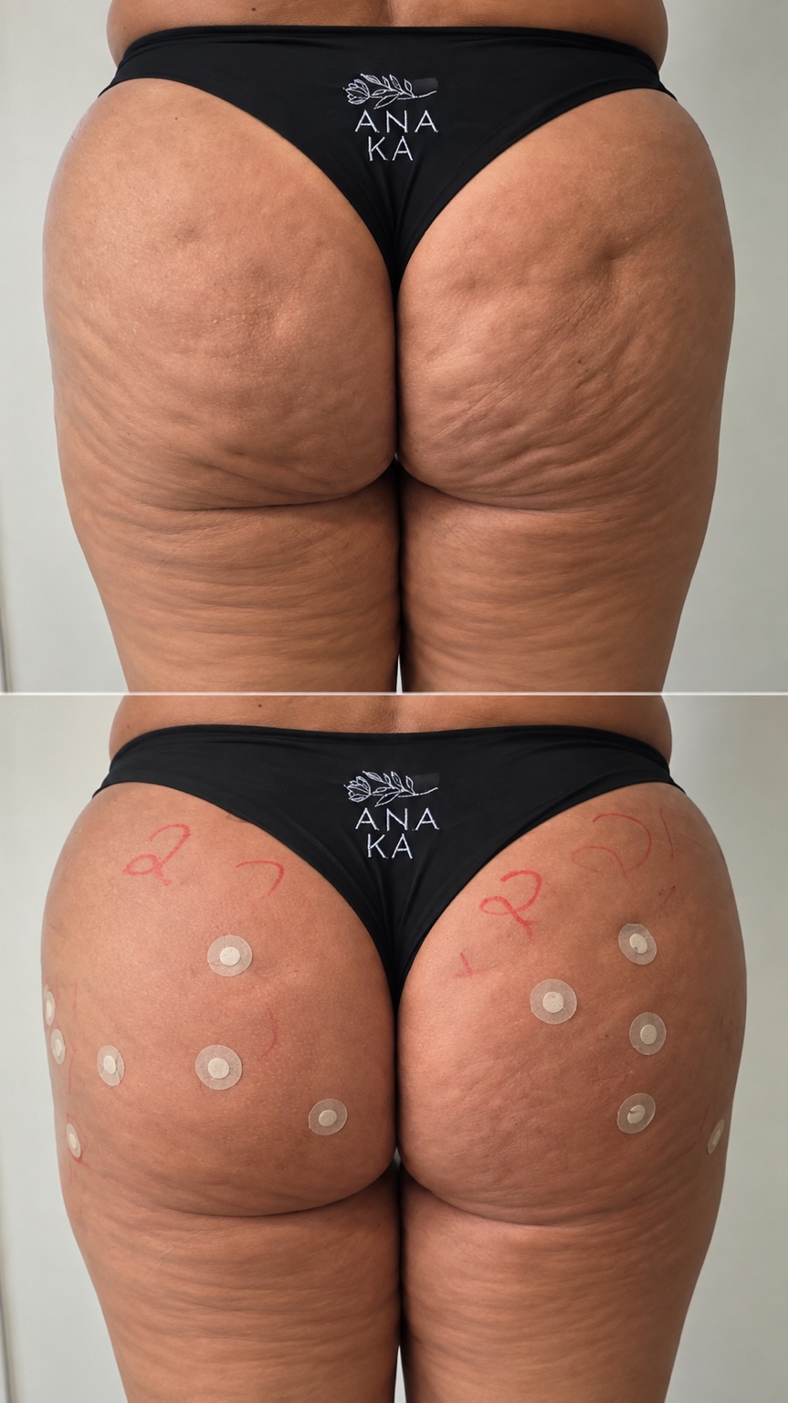 Caso real de celulite em vista posterior, com marcações e curativos no registro inferior