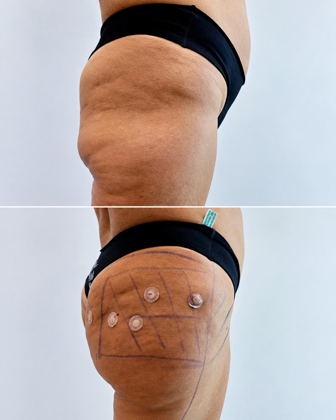 Antes e depois real de glúteos com textura de pele em vista posterior